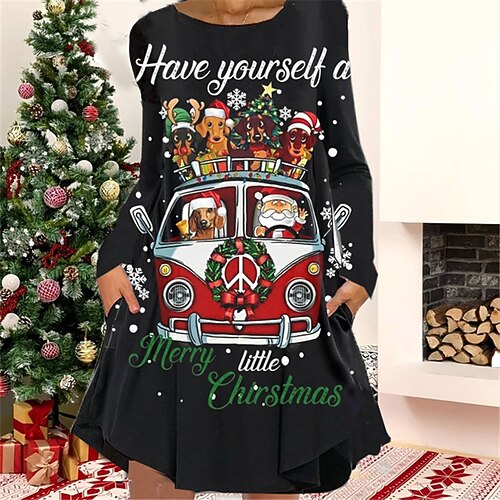 

Women's Christmas Casual Dress T Shirt Dress Tee Dress Shift Dress Mini Dress Green Black Blue Long Sleeve Cat Pocket Winter Fall Autumn Crew Neck Fashion Christmas Daily 2022 S M L XL XXL 3XL
