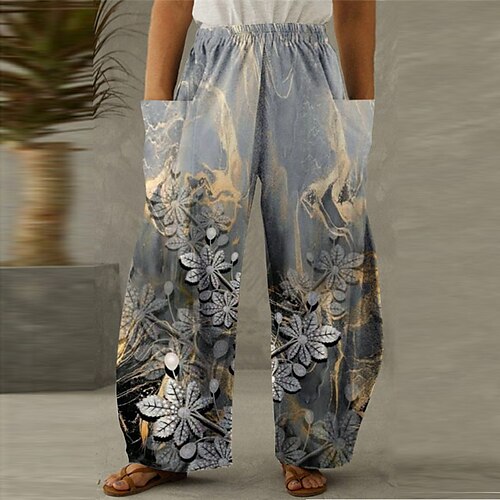 

Women's Plus Size Wide Leg Pants Trousers Pocket Print Flower Casual Comfort Outdoor Daily High Full Length Winter Fall Blue XL XXL 3XL 4XL 5XL