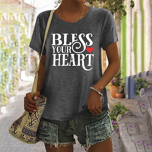 

Women's T shirt Tee Black Light Green Army Green Graphic Heart Print Short Sleeve Daily Holiday Basic Round Neck Regular Painting S