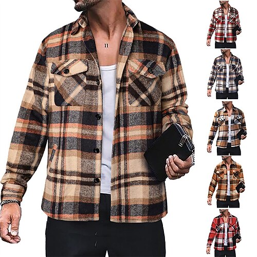 

Men's Shirt Jacket Shacket Overshirt Plaid Turndown Green Blue Orange Red Brown Casual Daily Long Sleeve Button-Down Clothing Apparel Cotton Fashion Streetwear Classic