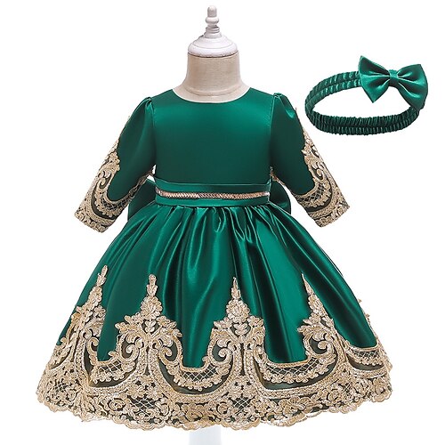 

Toddler Girls' Dress Solid Color Party Dress Knee-length Dress Performance Embroidered Long Sleeve Adorable Dress 3-7 Years Fall Green / Spring