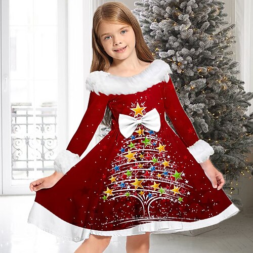 

Kids Girls' Christmas Dress Christmas Tree Casual Dress Above Knee Dress Christmas Gifts Fur Trim Crew Neck Long Sleeve Adorable Dress 2-13 Years Winter Green Wine Red