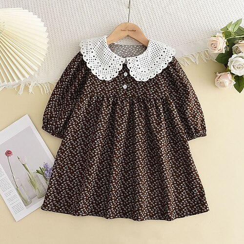 

Kids Toddler Little Girls' Dress Flower Daily Ruched Patchwork Hole Brown Knee-length Long Sleeve Cute Sweet Dresses Fall Spring Regular Fit 1 PC 2-8 Years