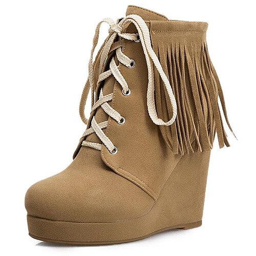 

2021 new foreign trade tassel women's boots wedge heel matte large size 40-45 size short boots