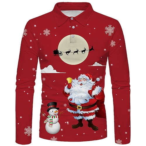 

Men's Collar Polo Shirt Golf Shirt Santa Claus Snowman Snowflake Turndown Wine 3D Print Christmas Street Long Sleeve Button-Down Print Clothing Apparel Fashion Designer Casual Soft