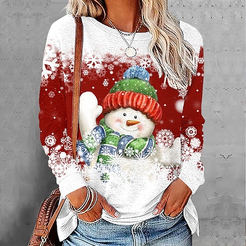 

Women's T shirt Tee Green Black Blue Snowman Snowflake Print Long Sleeve Christmas Weekend Basic Round Neck Regular Painting S