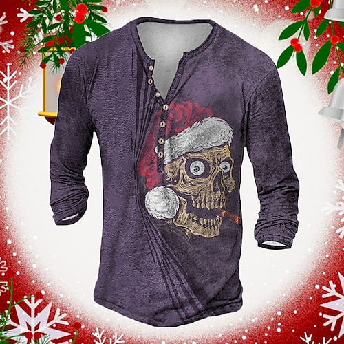 

Men's T shirt Tee Henley Shirt Tee Graphic Santa Claus Henley Purple 3D Print Plus Size Outdoor Christmas Long Sleeve Button-Down Print Clothing Apparel Basic Designer Classic Comfortable / Sports