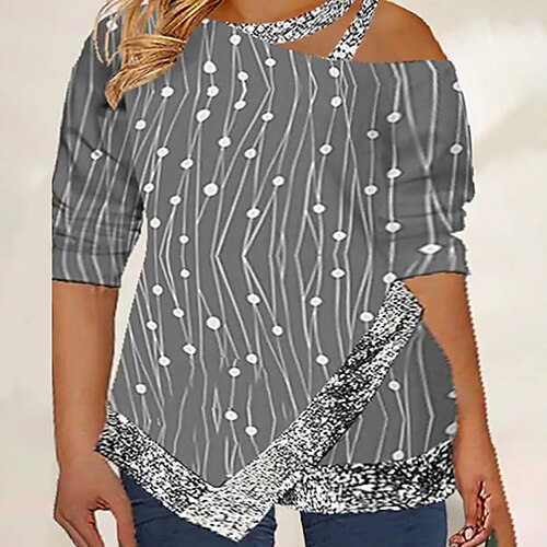 

Women's Plus Size Tops Blouse Polka Dot Line Print Long Sleeve One Shoulder Casual Festival Daily Going out Polyester Winter Fall Green Blue