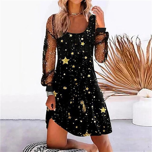 

Women's Casual Dress T Shirt Dress Tee Dress Mini Dress Yellow Pink Gold Long Sleeve Butterfly Mesh Summer Spring Square Neck Fashion Loose Fit 2023 S M L XL XXL 3XL