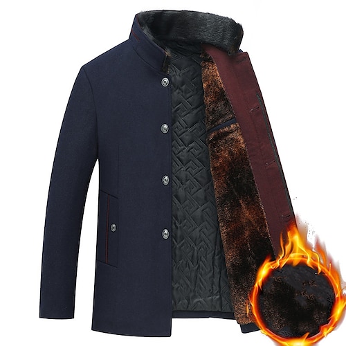 

Men's Winter Coat Travel Durable Vacation Casual Daily To-Go Single Breasted Standing Collar Warm Ups Traditional / Classic Jacket Outerwear Solid / Plain Color Sexy Dark Navy Grey