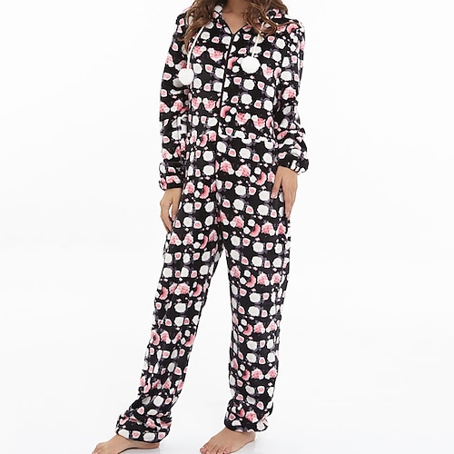 

Women's Christmas Pajamas Onesies Jumpsuits One Piece Pajama Flower Fashion Comfort Soft Home Christmas Carnival Flannel Gift Hoodie Long Sleeve Winter Fall Black