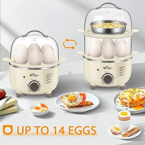 

Bear Egg Cooker 14 Egg Capacity Rapid Electric Egg Cooker with Auto Shut-Off Timer for Hard Boiled Eggs Poached Eggs Scrambled Eggs Omelets Single or Double Layer Use