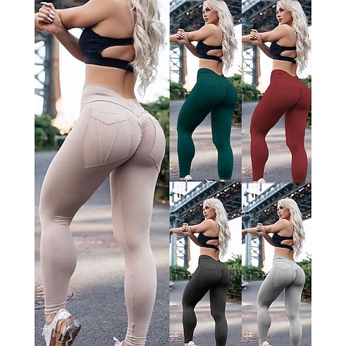 

Women's Yoga Pants Scrunch Butt Ruched Butt Lifting Pocket Tummy Control Butt Lift 4 Way Stretch High Waist Fitness Gym Workout Running Tights Leggings Bottoms Fashion Apple Green Rust Red White