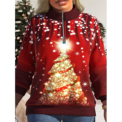 

Women's Plus Size Christmas Tops Pullover Sweatshirt Polka Dot Tree Zipper Print Long Sleeve Standing Collar Casual Holiday Festival Daily Cotton Winter Fall Wine / Weekend