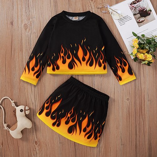 

2 Pieces Toddler Girls' Graphic Crewneck Skirt & Shirt Set Long Sleeve Fashion Outdoor 3-7 Years Winter Yellow