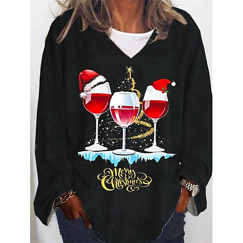 

Women's Plus Size Christmas Tops Active Streetwear T shirt Tee Letter Hat Print Long Sleeve V Neck Vintage Casual Daily Cotton Spandex Jersey Winter Fall Black