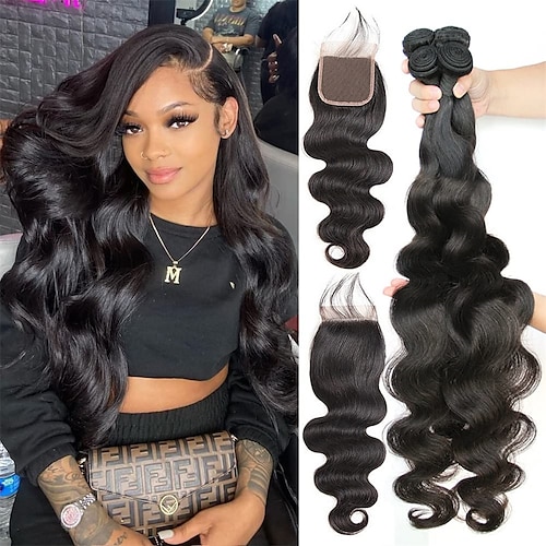 

4 Bundles (24 26 28 3022Free Part) Brazilian Body Wave Bundles with Closure 100% Body Wave Virgin Remy Hair Weft Human Hair Bundles with Medium Brown Swiss Lace Closure Natural Color