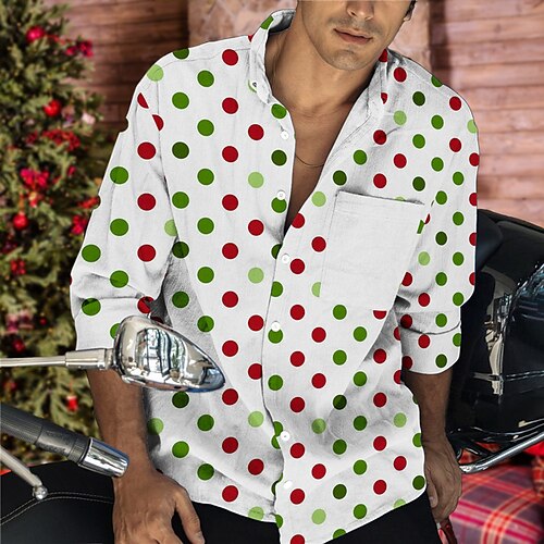 

Men's Shirt Polka Dot Turndown Green 3D Print Outdoor Christmas Long Sleeve Button-Down Print Clothing Apparel Designer Casual Breathable