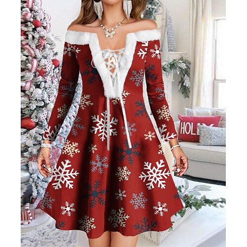 

Women's Christmas Swing Dress Vintage Dress Mini Dress Green Light Green Wine Red Navy Blue White Long Sleeve Snowman Tree Snowflake Backless Feather Print Winter Fall Off Shoulder Vacation Stylish