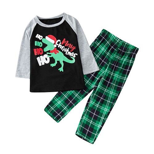 

Christmas Pajamas Family Plaid Letter Dinosaur Home Green Long Sleeve Basic Matching Outfits