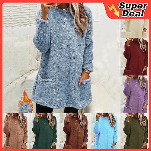 

Women's Sweatshirt Pullover Sherpa Fleece Teddy Pocket Marron Black Blue Solid Color Street Casual Round Neck Long Sleeve Fleece S M L XL 2XL 3XL