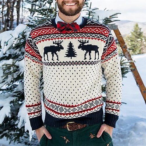 

Men's Sweater Ugly Christmas Sweater Pullover Sweater Jumper Ribbed Knit Cropped Knitted Elk Crew Neck Keep Warm Modern Contemporary Christmas Work Clothing Apparel Fall & Winter Dark Navy Beige S M L