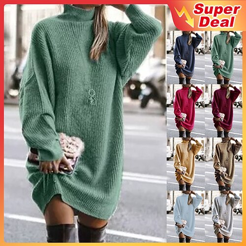 

Women's Sweater Dress Winter Dress Green Khaki Light gray Light Blue Long Sleeve Pure Color Knit Winter Fall Turtleneck Basic Casual Fit 2022 S M L XL XXL 3XL 4XL