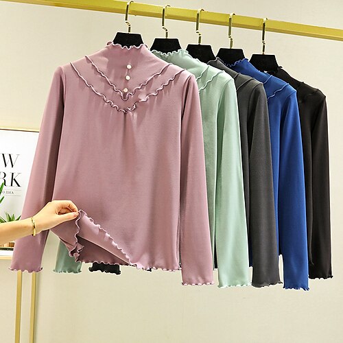 

Women's T shirt Tee Undershirt Bottoming Shirt Black Blue Purple Plain Button Long Sleeve Daily Weekend Basic High Neck Regular Fleece lined M