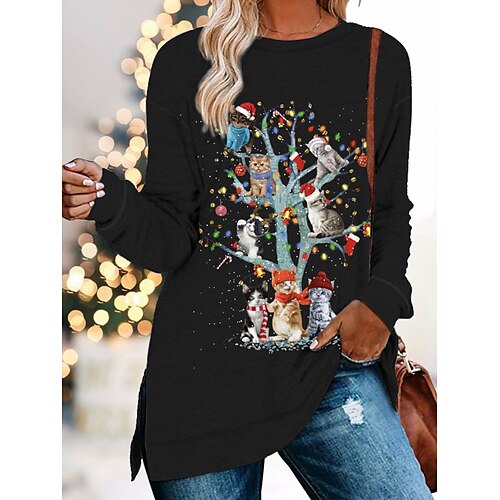 

Women's Sweatshirt Pullover Streetwear Black Blue Red Cat Christmas Round Neck Long Sleeve S M L XL 2XL 3XL