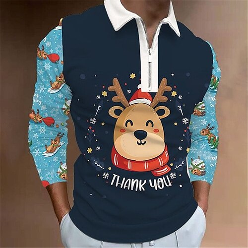 

Men's Collar Polo Shirt Golf Shirt Letter Elk Graphic Prints Turndown Navy Blue 3D Print Christmas Street Long Sleeve Zipper Print Clothing Apparel Fashion Designer Casual Soft