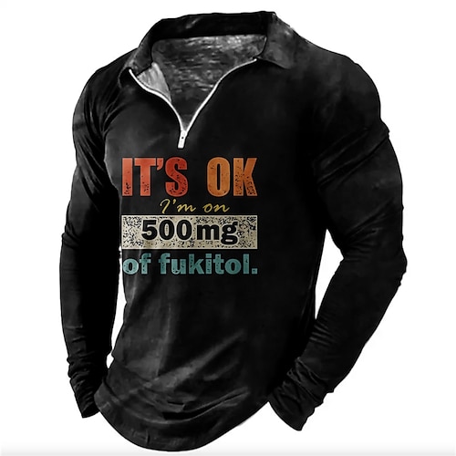 

Men's Polo Shirt Golf Shirt Letter Graphic Prints Turndown Black Gray 3D Print Outdoor Street Long Sleeve Zipper Print Clothing Apparel Fashion Designer Casual Soft