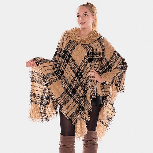 

Women's Shirt Shrugs khaki Red Beige Plaid Tassel Crochet Long Sleeve Casual Ponchos High Neck Regular F