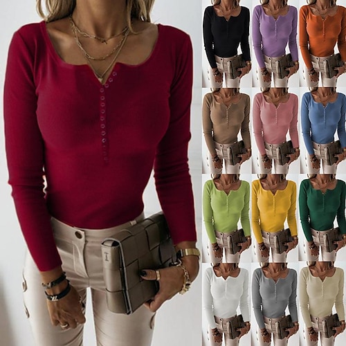 

Women's T shirt Tee Plain Button Long Sleeve Daily Weekend Basic V Neck Regular One-Size