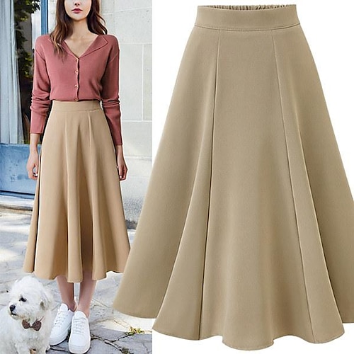 

Women's Swing Work Skirts Long Skirt Midi Polyester Black Brown Beige Skirts Fall Winter Patchwork Elegant Going out Casual Daily One-Size