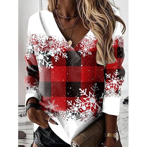 

Women's Sweatshirt Pullover Basic Red Plaid Snowman Christmas V Neck Long Sleeve S M L XL 2XL 3XL