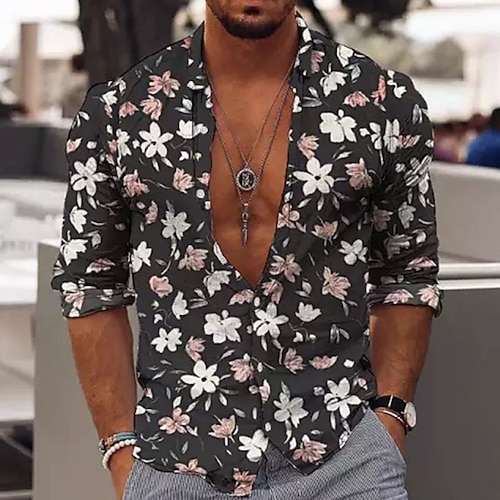 

Men's Shirt Floral Graphic Prints Turndown Black Blue Navy Blue 3D Print Outdoor Street Long Sleeve Button-Down Print Clothing Apparel Tropical Fashion Designer Casual