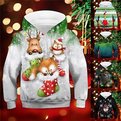 

Kids Boys Ugly Christmas Grinch Hoodie Pullover Animal Cartoon Elk Long Sleeve Pocket Children Top Christmas Gifts Hoodie Adorable Daily Green Black Blue Winter 7-13 Years