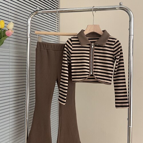 

2 Pieces Kids Girls' Stripe Pants Suit Set Long Sleeve Active Casual 7-13 Years Winter Coffee
