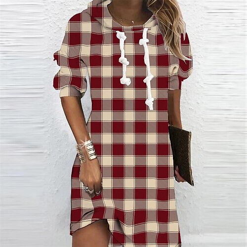 

Women's Christmas Hoodie Dress Shift Dress Mini Dress Red Long Sleeve Plaid Print Winter Fall Autumn Hooded Fashion Christmas Daily 2022 S M L XL XXL 3XL