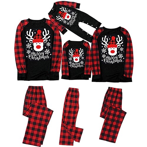 

Christmas Pajamas Family Plaid Letter Elk Home Black Long Sleeve Basic Matching Outfits