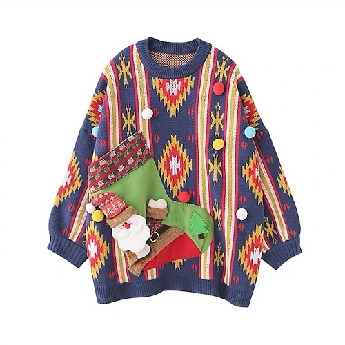 

Women's Ugly Christmas Sweater Pullover Sweater Jumper Ribbed Knit Embroidered Pocket Geometric Crew Neck Stylish Casual Christmas Holiday Winter Fall Black Royal Blue One-Size