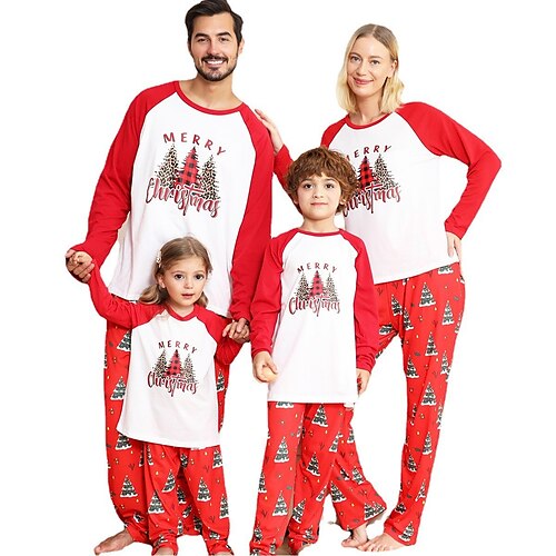 

Christmas Pajamas Family Christmas Tree Home Crewneck Black Red Long Sleeve Adorable Matching Outfits