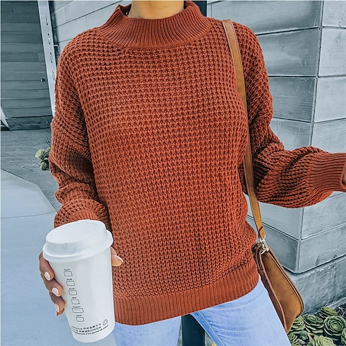 

Women's Pullover Sweater Jumper Waffle Knit Knitted Pure Color Stand Collar Stylish Casual Outdoor Daily Winter Fall Black Royal Blue S M L / Long Sleeve