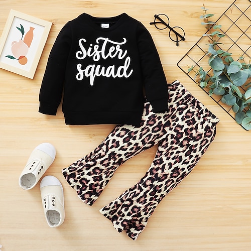 

2 Pieces Toddler Girls' Leopard Sweatshirt & Pants Set Long Sleeve Active Outdoor 3-7 Years Winter Black