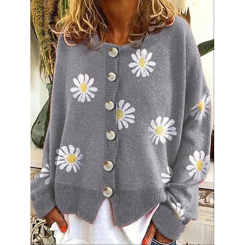 

Women's Shrugs Black Blue khaki Daisy Button Print Long Sleeve Casual Holiday Basic Round Neck Regular Floral S