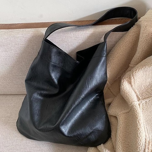

Women's Tote Shoulder Bag PU Leather Solid Color Plain Daily Office & Career milky Black Light Brown