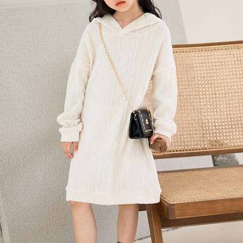 

Kids Girls' Sweater Dress Solid Color Shift Dress Above Knee Dress Casual Crew Neck Long Sleeve Casual Dress 4-12 Years Winter Beige