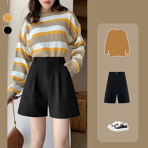 

Women's Wide Leg Shorts Patchwork Plain Classic Modern Regular Summer Black Khaki Dark Gray Beige