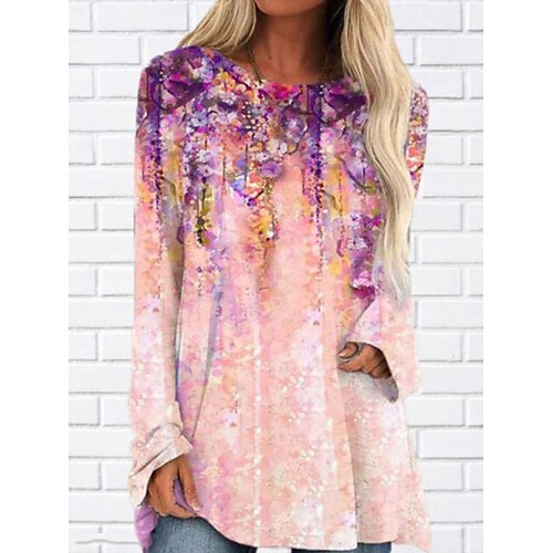 

Women's Blouse Shirt Grass Green Green Blue Floral Print Long Sleeve Casual Holiday Basic Round Neck Long Floral S