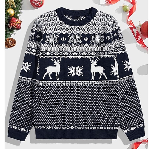 

Men's Sweater Ugly Christmas Sweater Pullover Sweater Jumper Ribbed Knit Cropped Knitted Deer Crewneck Keep Warm Modern Contemporary Christmas Work Clothing Apparel Fall & Winter Black S M L